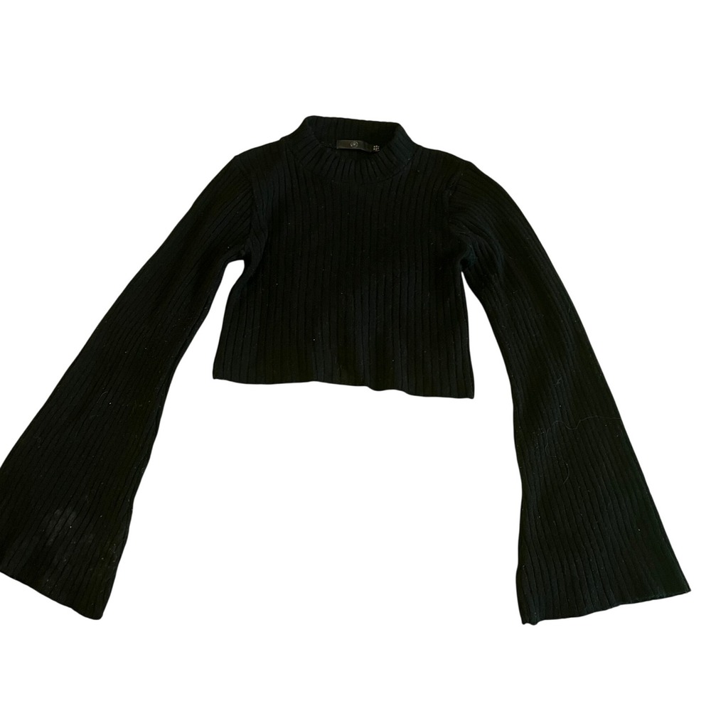 Missguided Black Ribbed Mock Neck Flare‎ Sleeve Crop Sweater Top